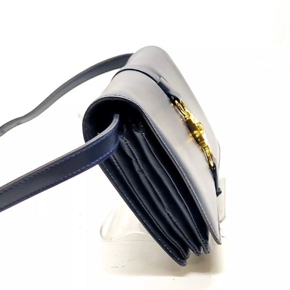 Auth Vtg Celine Small Navy Blue Polished Leather Trio Shoulder Bag 1970s Caleche - Picture 3 of 9